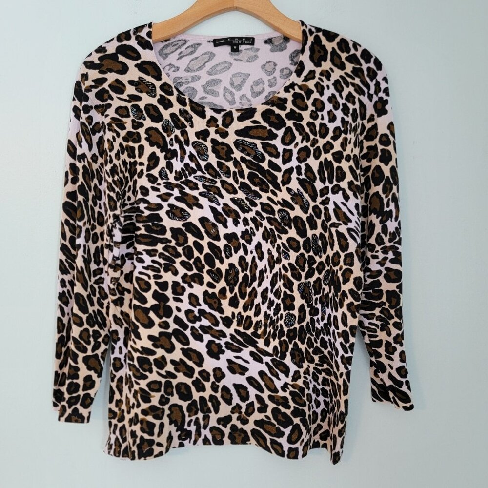 Pierre‎ New York Sz M Animal Print Beaded Light Weight Sweater Top Rayon Blend